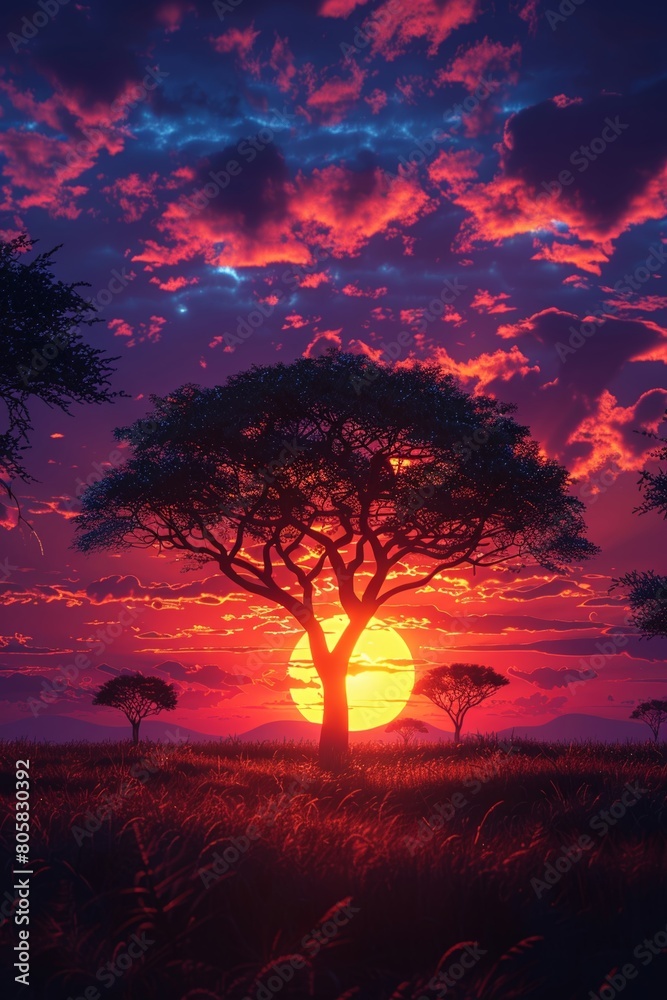 A stunning sculpture presenting the splendor of the savannah, featuring vast grasslands and striking acacia trees set against a vibrant sunset backdrop. 3D simulation