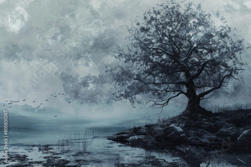 A painting of a tree with a body of water in the background