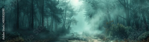A mysterious woodland enveloped in fog and darkness.