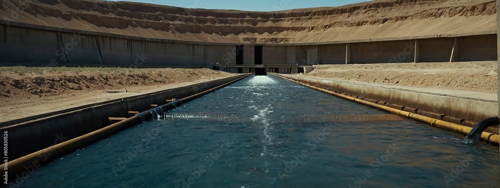 A closeup shot of a large underground reservoir shows clear clean water being pumped into the subsurface irrigation system