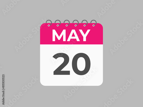 May 20 calendar reminder. 20 May daily calendar icon template. Calendar 20 May icon Design template. Vector illustration
