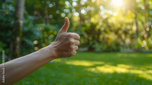 Thumbs up sign. Woman's hand shows like gesture. Park background hyper realistic  © Business Pics