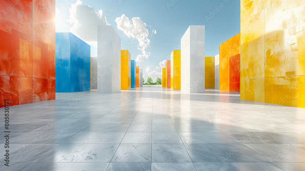Vibrant architectural composition with colorful geometric walls, shiny tiled flooring, and a bright sky