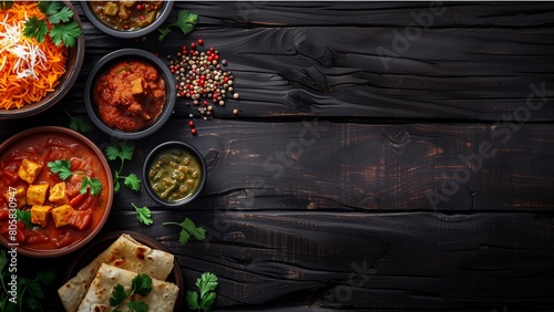 Assorted indian food on dark wooden background. Dishes of indian cuisine. Curry, butter chicken, rice, lentils, paneer, samosa, naan, chutney, spices. Space for text