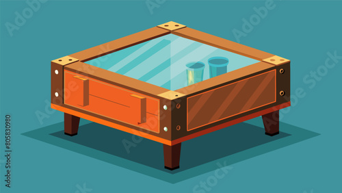 A repurposed wooden shipping crate used as a base for a contemporary and artistic coffee table featuring a glass top and painted industrial details.. Vector illustration