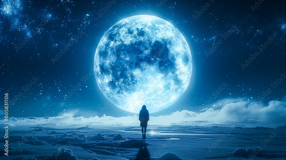 Person standing on an icy landscape under a bright blue moon and starry sky Person standing on an icy landscape under a bright blue moon and starry sky