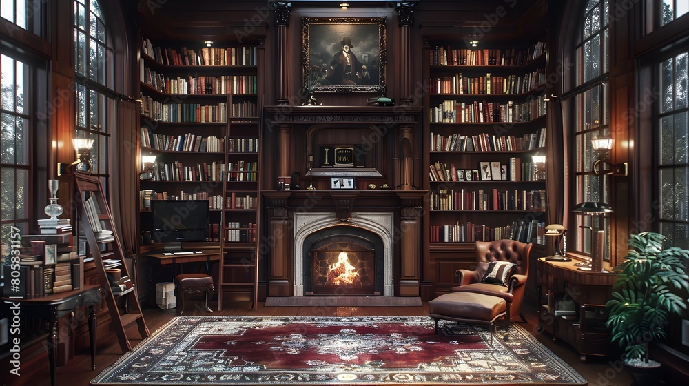 Opulent Colonial Style Library with Handcrafted Mahogany Bookcases and Cozy Fireplace