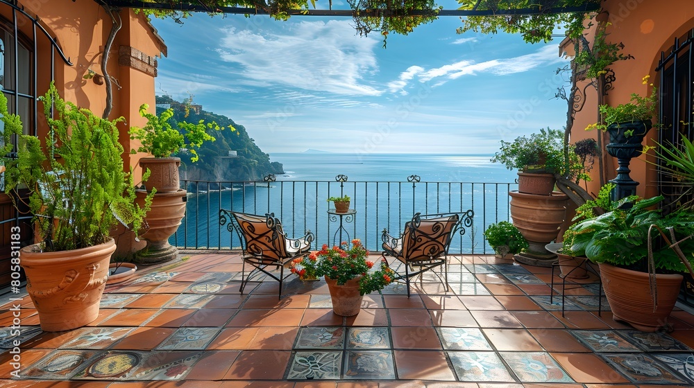 Fototapeta premium Tranquil Mediterranean Terrace with Picturesque Sea View and Wrought Iron Furnishings Offering a Scenic Outdoor Oasis for Relaxation and Enjoyment