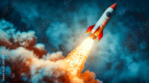 Retro rocket launching into space with fiery exhaust and starry background photo