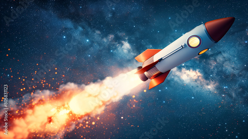 Retro rocket launching into space with a fiery exhaust and starry background