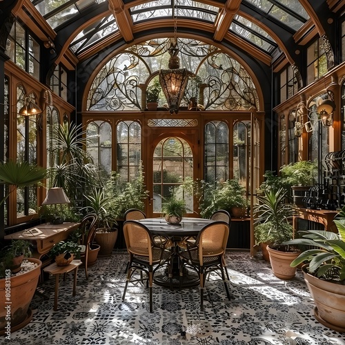 Exquisite Art Nouveau Conservatory with Intricate Ironwork and Abundant Greenery