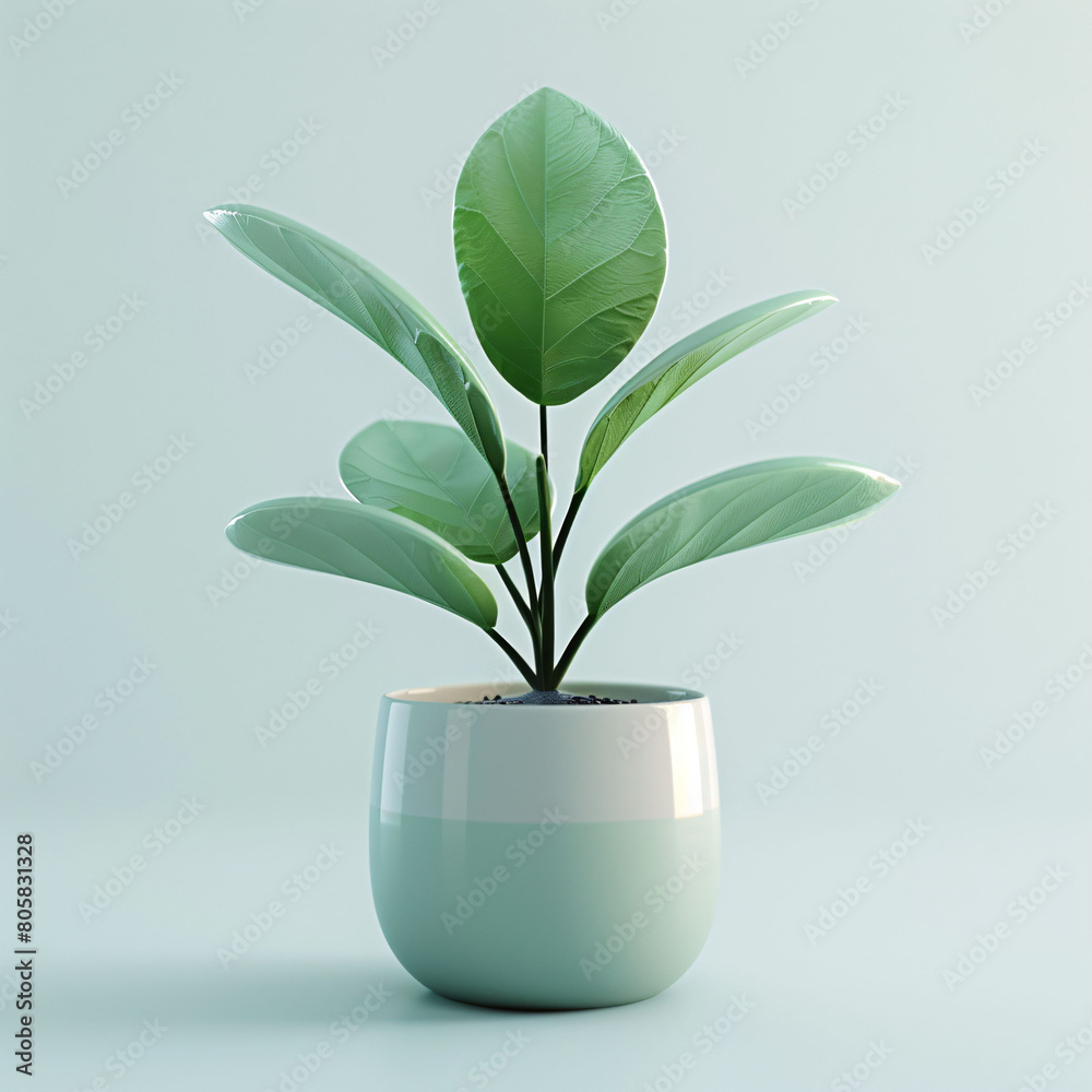 Cute green plants in flower pot 3D illustration, gardening home concept element