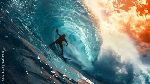 Surfer Catching the Perfect Wave in Scenic Hawaiian Seascape photo