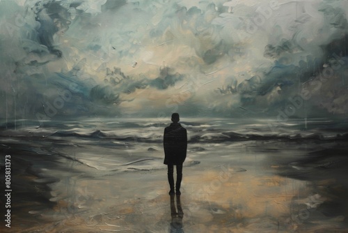 A man is standing on a beach, looking out at the ocean