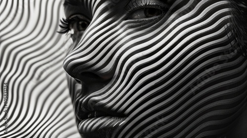 Close-up portrait of a woman with black and white striped optical illusion