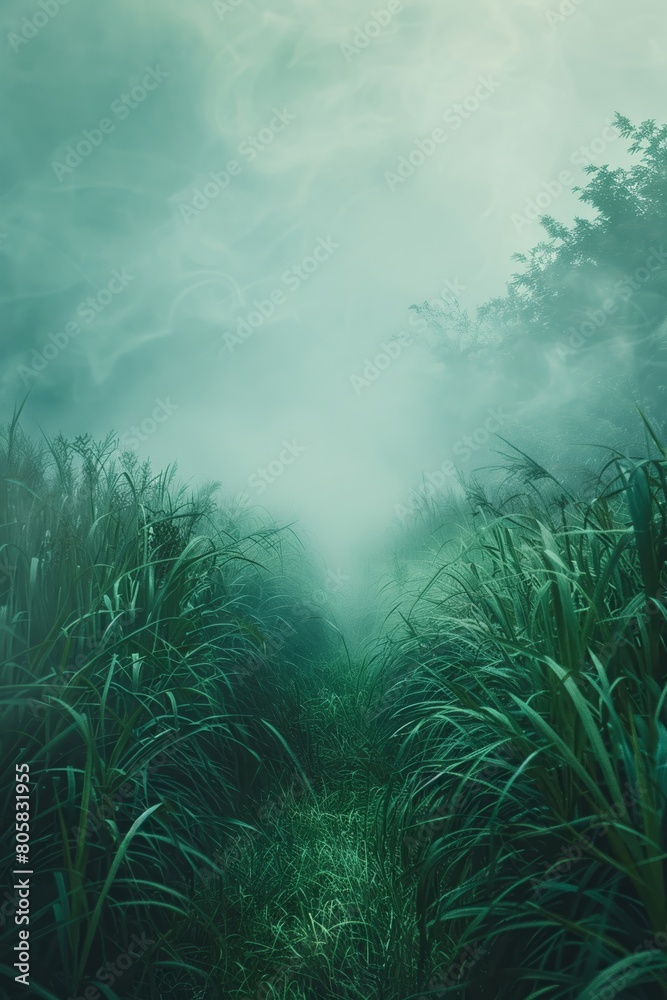 An enchanting and ethereal portrayal of a mist-covered dawn, with vapors and haze weaving through the verdant field The mystical and unearthly scenery beckons spectators into a realm of imagination An enchanting and ethereal portrayal of a mist-covered dawn, with vapors and haze weaving through the verdant field The mystical and unearthly scenery beckons spectators into a realm of imagination