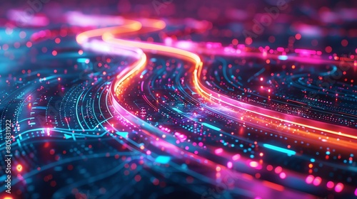 Wallpaper Mural 3D roadmap weaving through neon circuitry, birdseye, glowing nodes, digital innovation theme Torontodigital.ca