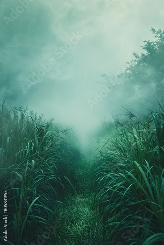An enchanting and ethereal portrayal of a mist-covered dawn, with vapors and haze weaving through the verdant field The mystical and unearthly scenery beckons spectators into a realm of imagination © tonstock