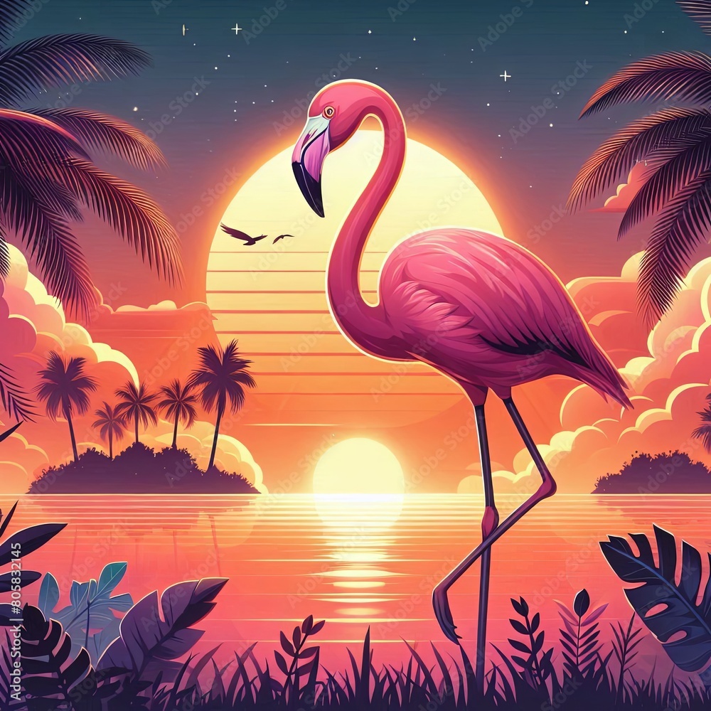 Fototapeta premium A pink flamingo stands in the water at sunset
