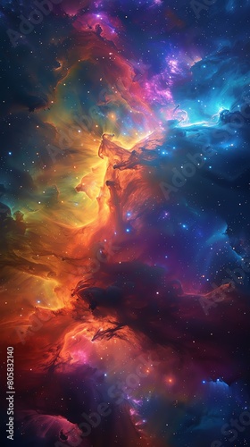Colorful abstract nebula, panoramic, cosmic hues blending, softfocus, galactic miracle