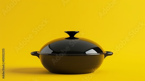 Sleek modern black cookware on vibrant yellow background photo