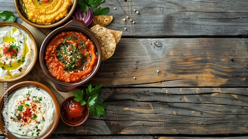 Variety of colorful dips and spreads on rustic wooden table