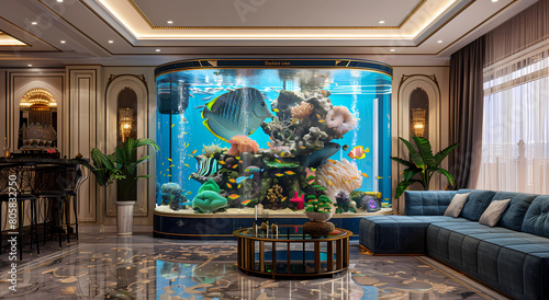 A large aquarium is located in the center of an elegant living room photo