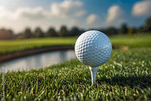 Extreme Close Up Golf Ball On Tee Bokeh Course Lake Tree Line Background