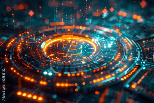 Wallpaper Mural Futuristic Bitcoin in a secure interface with stock updates displayed in vibrant orange and teal colors, creating a high-tech feel through a wide lens viewpoint. Torontodigital.ca