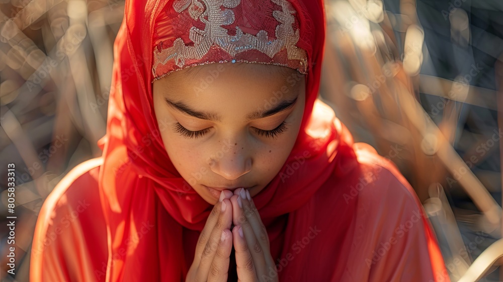 Young Asian girl praying in red headscarf with serene expression