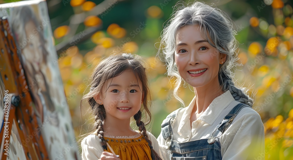 Cute little Asian girl and beautiful grandmother painting in the garden of herself smiling. Ai Generative Cute little Asian girl and beautiful grandmother painting in the garden of herself smiling. Ai Generative