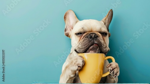 French bulldog holding a yellow mug on a blue background
