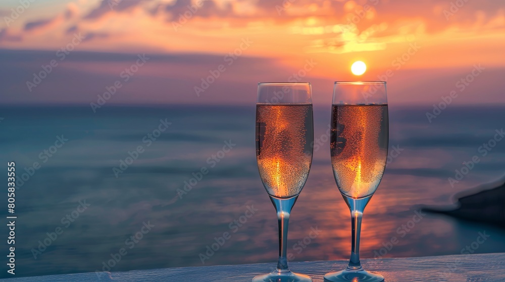 Toasting champagne glasses at scenic sunset
