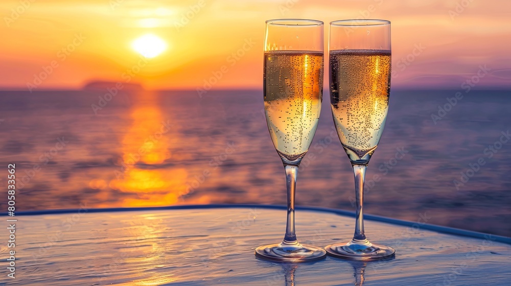 Romantic sunset toast with sparkling champagne glasses