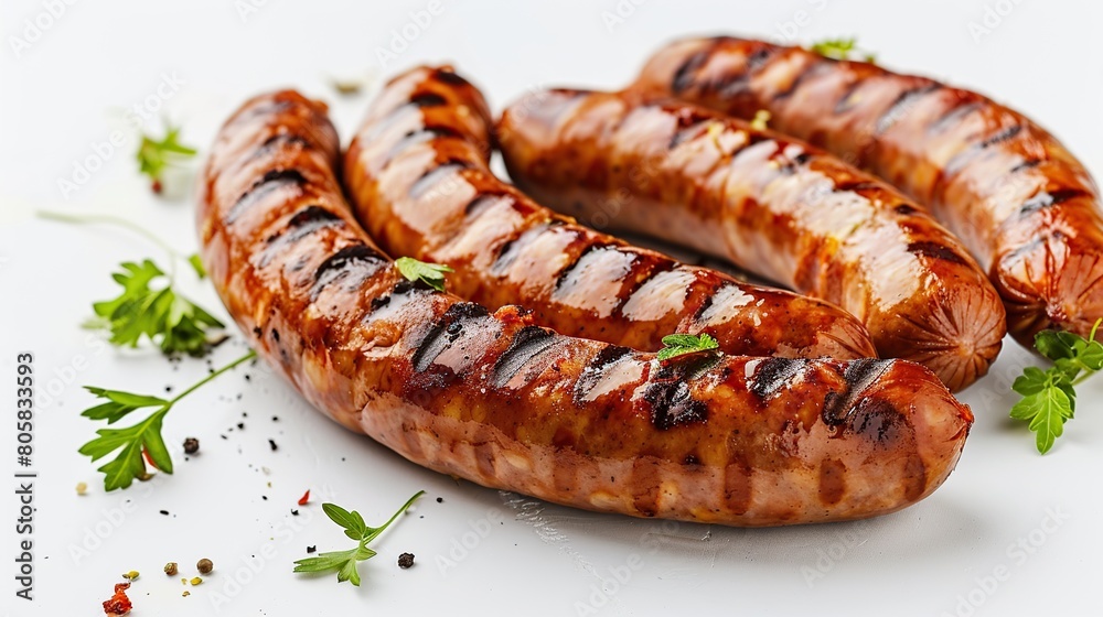 bbq sausages on white background. Generative Ai bbq sausages on white background. Generative Ai