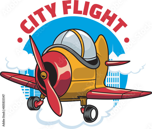 Vector Illustration of Piston Aircraft with CITY FLIGHT words with Cute Cartoon Illustration Available for Plane Badge