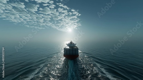 Container Ship Sailing in Misty Ocean Morning