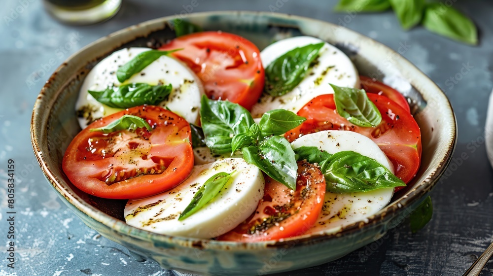 A bowl with traditional Italian caprese salad. Generative Ai A bowl with traditional Italian caprese salad. Generative Ai