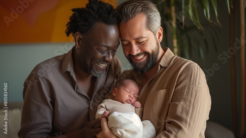Male gay parents adopted a little baby. Radiant Happiness: A Joyful LGBT Family Embraces the Miracle of Adoption, Sharing Unconditional Love with Their Adorable New Addition