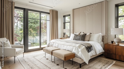 Interior design, an elegant modern minimalist bedroom featuring sleek furniture.