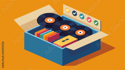 Detailed instructions on a box of vinyl record puzzles challenging players to assemble a hidden musical message by arranging the records in a specific Vector illustration