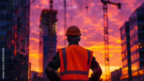 An engineer in an orange safety vest and hard hat standing confidently in front of a towering skyscraper under construction, girders and cranes silhouetted against the dramatic orange