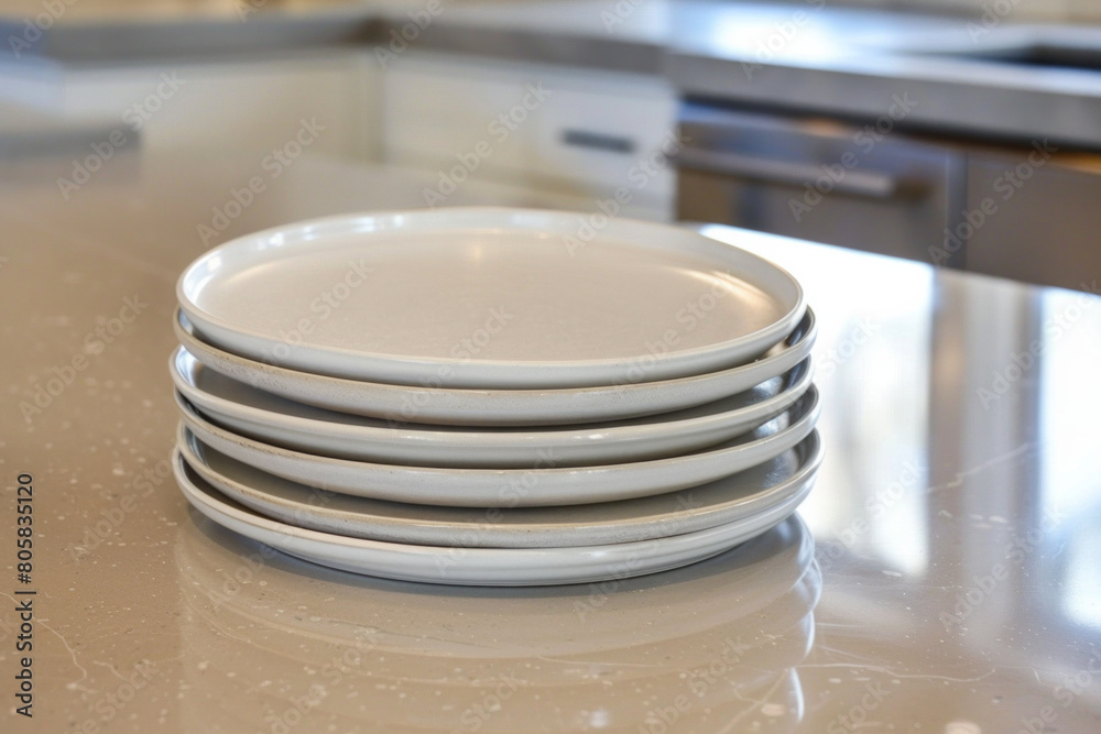 A collection of modern ceramic or porcelain serving platters with clean lines and subtle textures, arranged in a stack on a solid-colored countertop, ready for entertaining. A collection of modern ceramic or porcelain serving platters with clean lines and subtle textures, arranged in a stack on a solid-colored countertop, ready for entertaining.