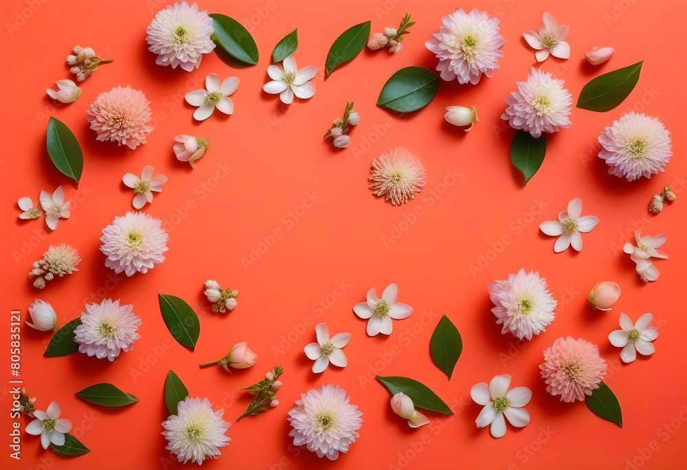 Fototapeta premium A top view of colorful spring flower blossoms against a coral colored background