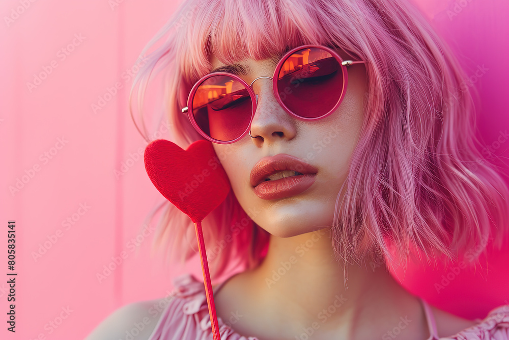 Romantic girl with a pink bob hairstyle wearing pink glasses. Retro postcard Romantic girl with a pink bob hairstyle wearing pink glasses. Retro postcard