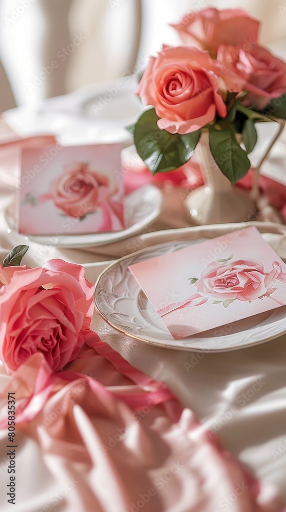 The postcards were placed on a table with a white tablecloth. The table was decorated with pink roses and red bow. The postcards were placed on a table with a white tablecloth. The table was decorated with pink roses and red bow.