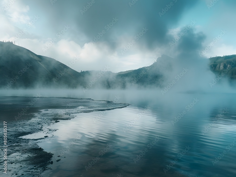 Geothermal Hot Springs Shrouded in Misty Haze Rugged Mountainous Landscape Backdrop
