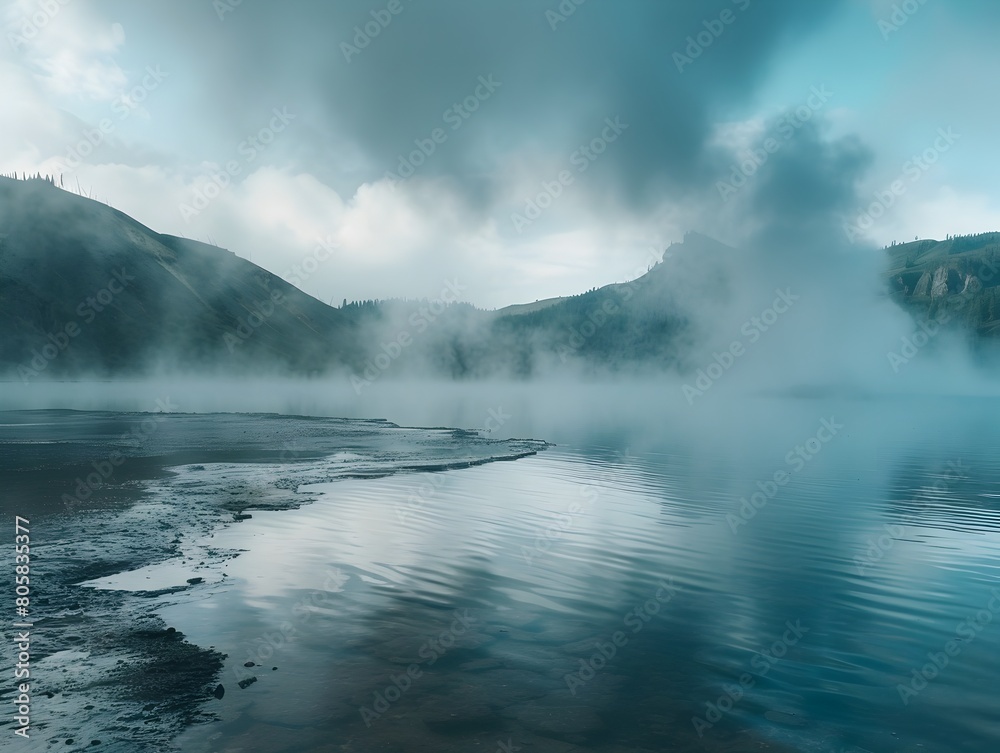 Fototapeta premium Geothermal Hot Springs Shrouded in Misty Haze Rugged Mountainous Landscape Backdrop