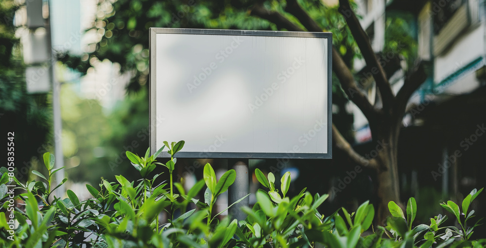 A white sign is in the middle of a bush A white sign is in the middle of a bush