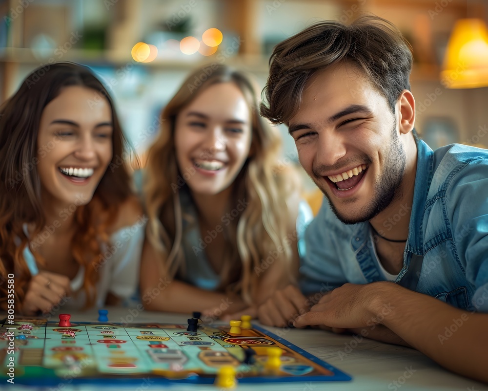 Fototapeta premium Joyful Group of Friends Enjoying a Fun Filled Board Game Night Together